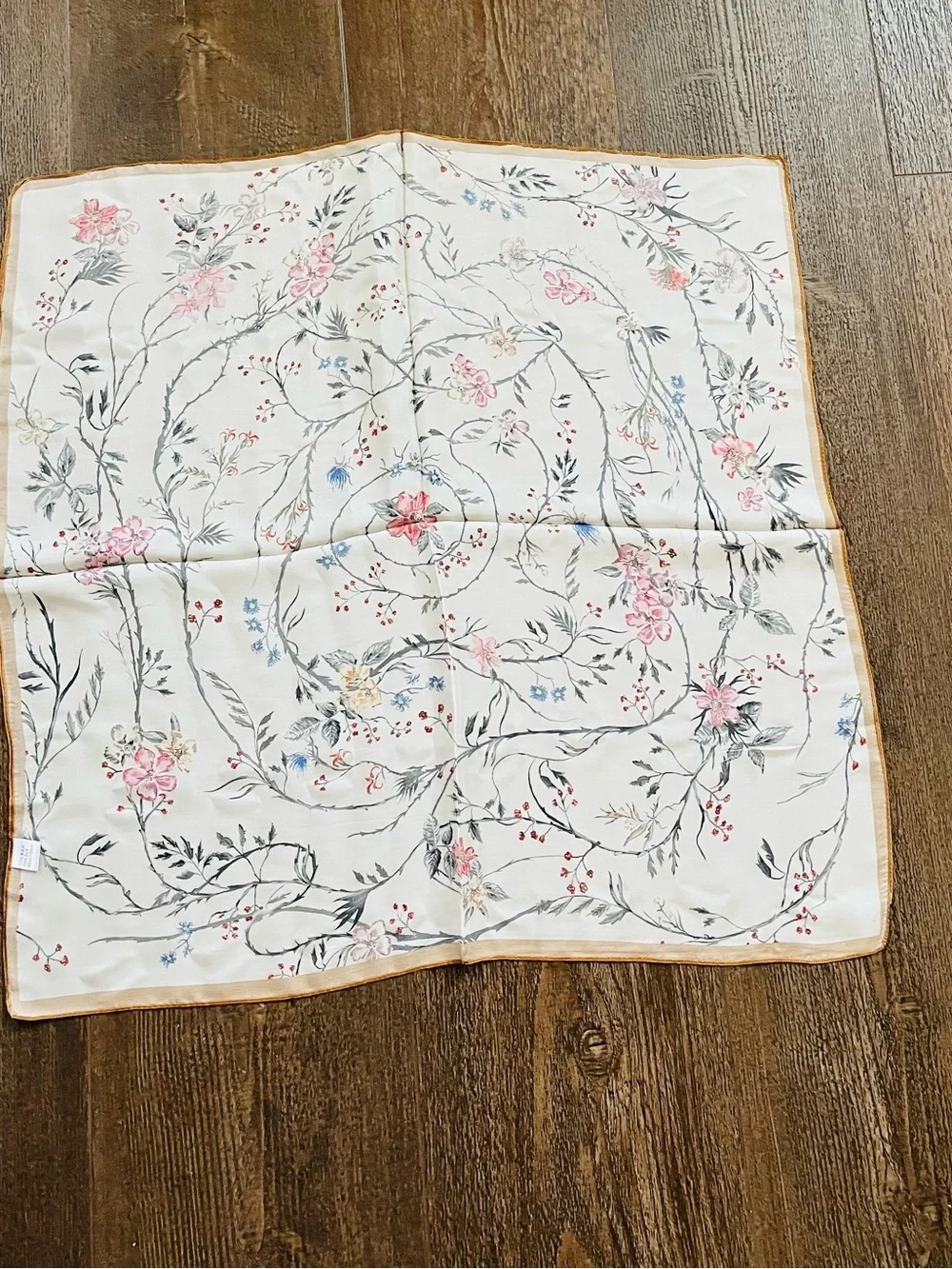 100 %Floral Silk Satin Scarf - Cream with Pink Flowers 26/26 inches
